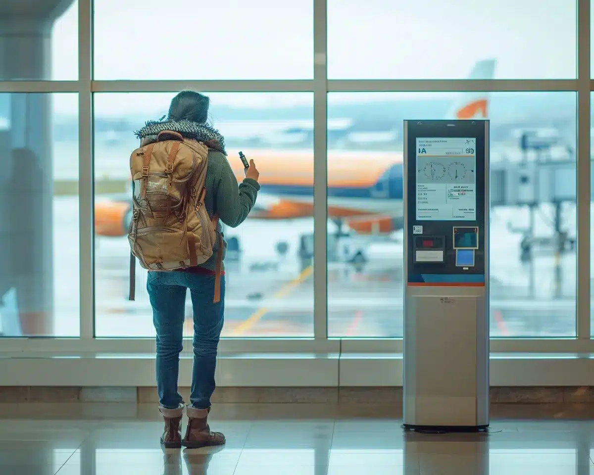 Femme avec son sac à dos attendant son vol avec une cigarette électronique à la main