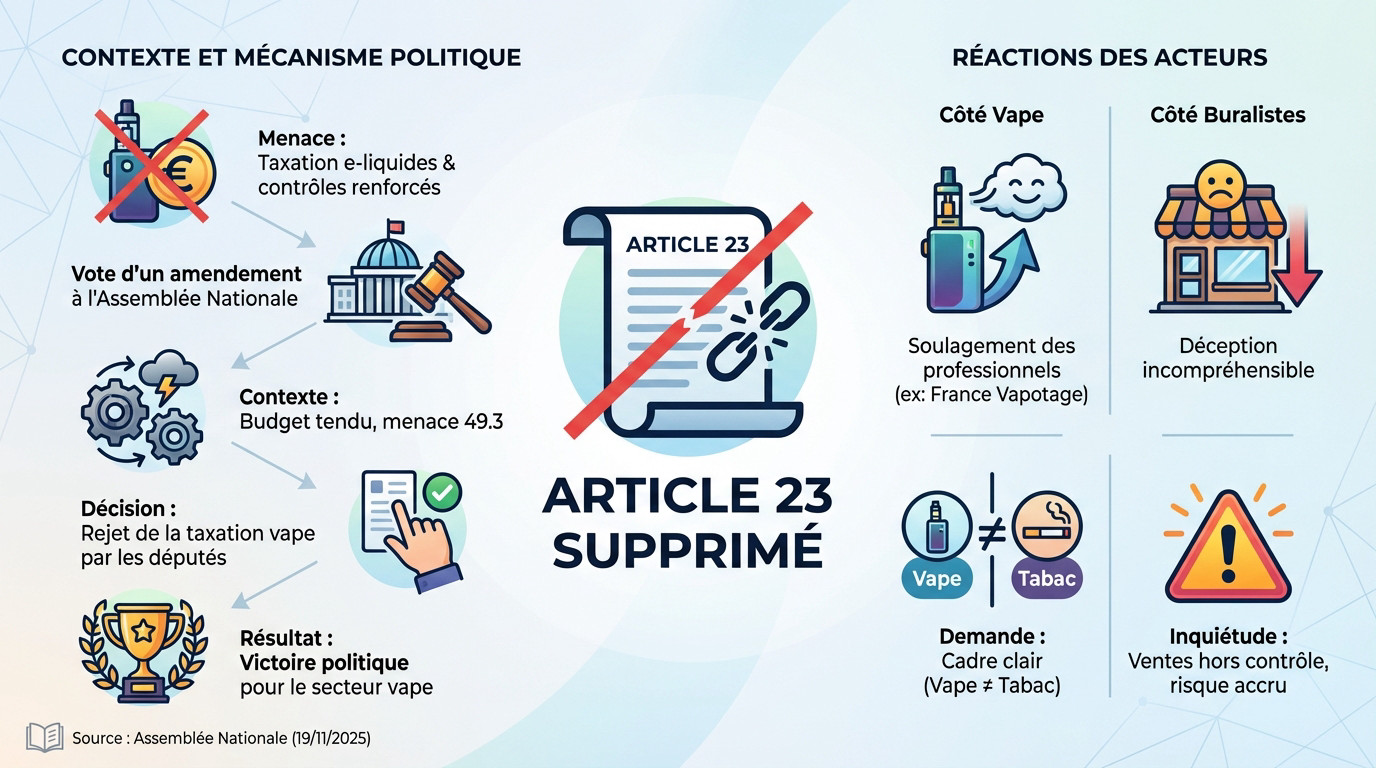 Illustration de la suppression de l'article 23 du PLF 2026 symbolisant une victoire pour le secteur de la vape