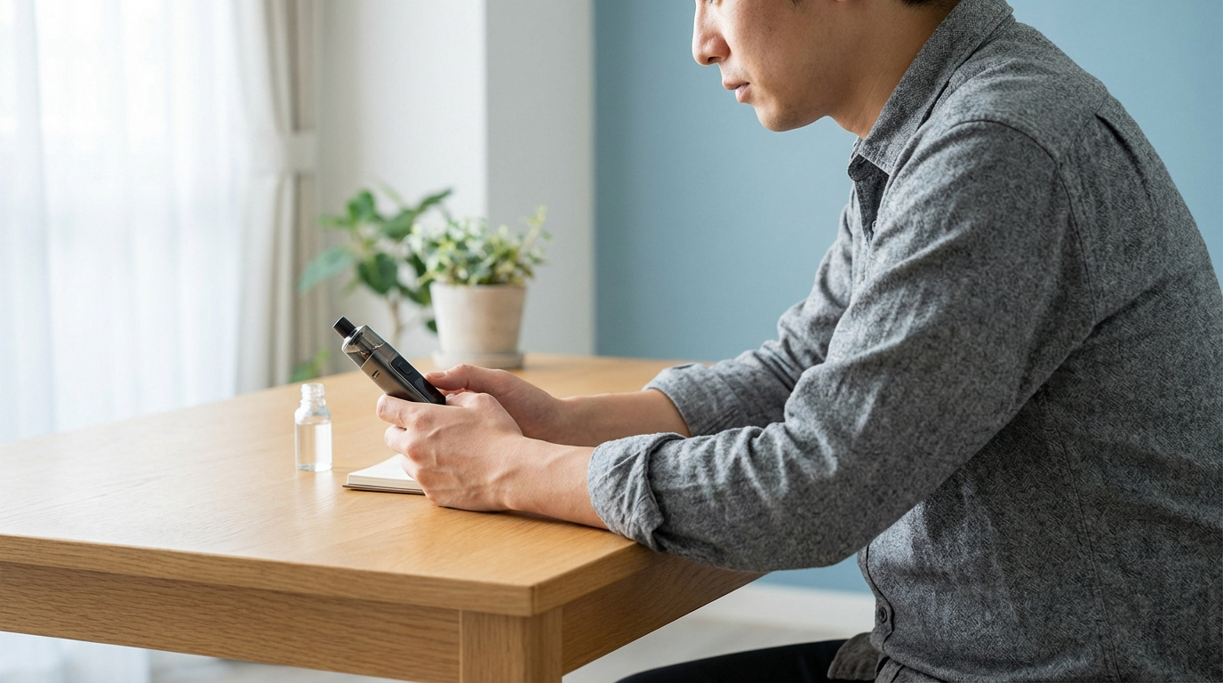 Homme en chemise grise examine une cigarette électronique et une bouteille d'e-liquide sur une table en bois clair, avec un carnet.