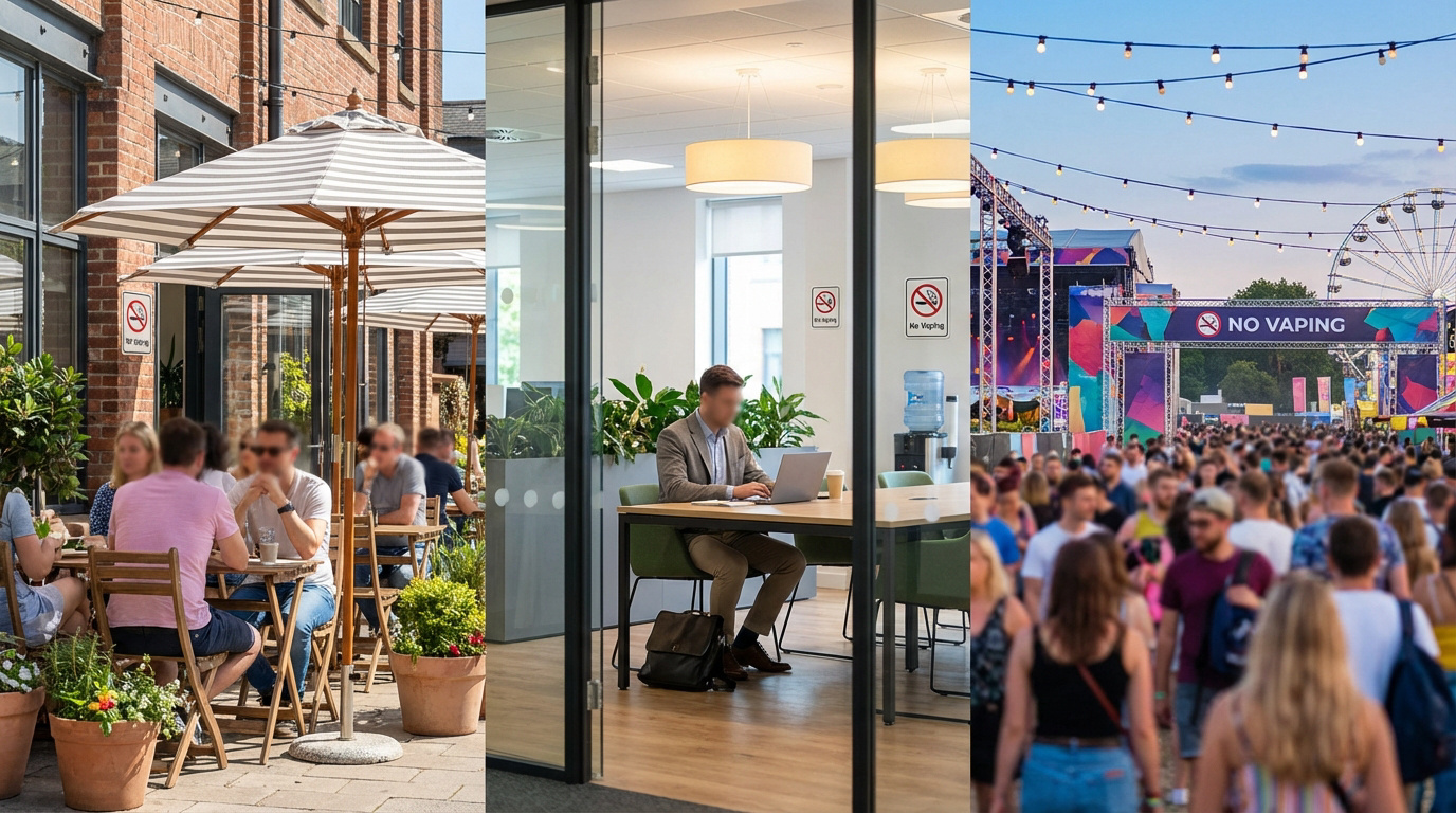 Trois scènes montrant des interdictions de vapoter : une terrasse, un bureau et un festival de musique bondé.