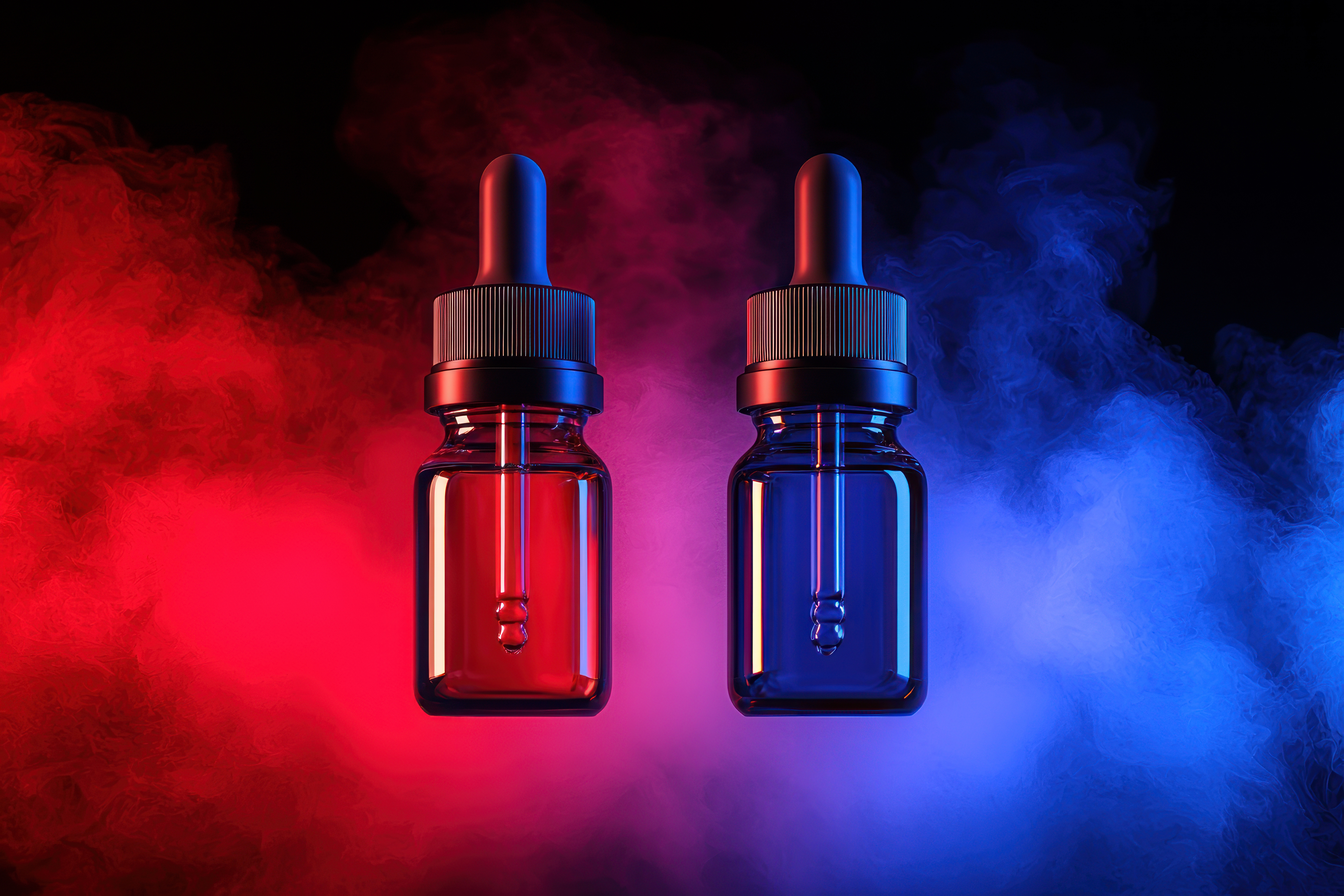 Deux fioles d'e-liquide rouge et bleue avec pipette, entourées de vapeur colorée