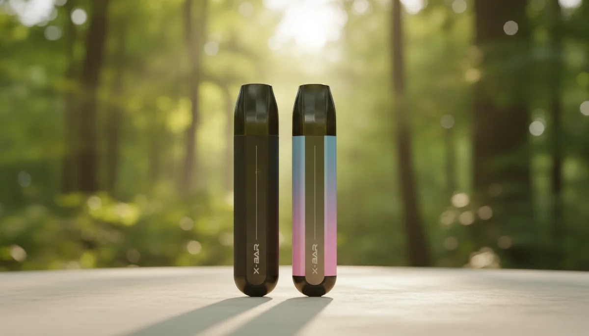 Deux e-cigarettes à pods, une noire et une dégradée rose-bleu, posées sur une surface avec un fond luxuriant.
