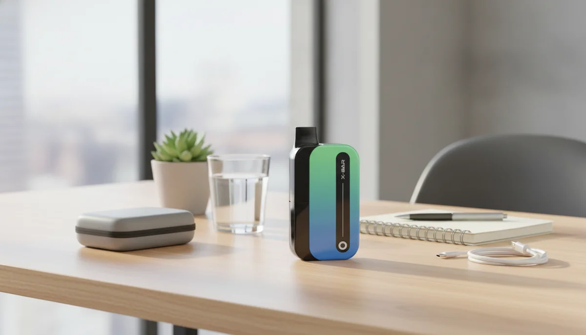 E-cigarette personnel compact aux couleurs dégradées vert et bleu, posé sur un bureau en bois clair, illustrant un guide pour vapoter de façon responsable.