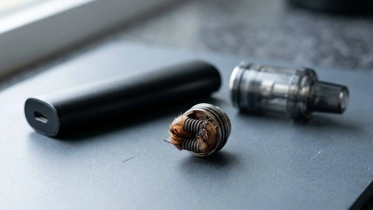 Cigarette électronique à pod démontée sur un plan de travail, résistance au coton brûlé au premier plan
